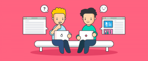illustration of two coworkers using instang messaging for internal communications