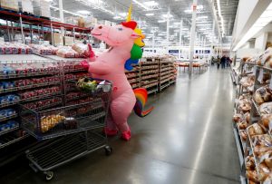 Shopper wearing unicorn costume while grocery shopping amidst corinavirus fear